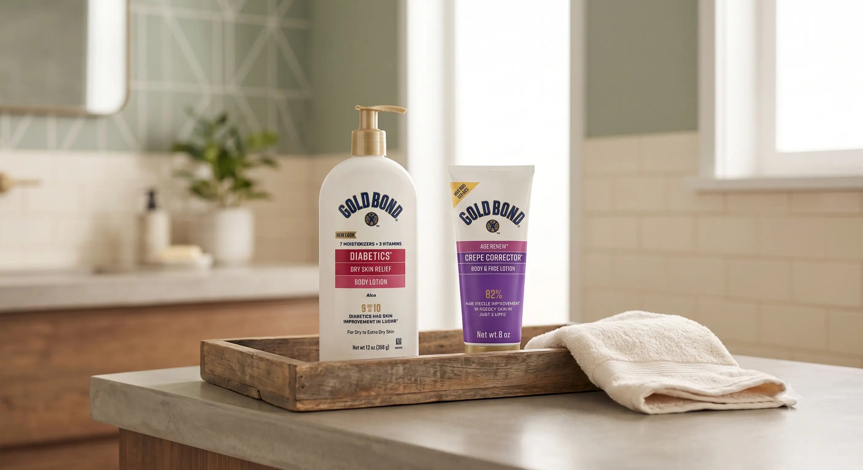 Gold Bond Ultimate Skin Repair 2-Pack Duo on a modern bathroom vanity