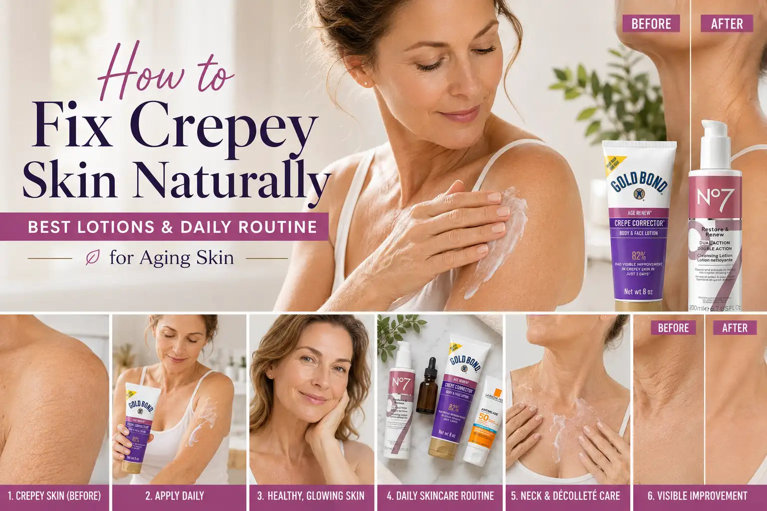 Middle-aged woman applying moisturizing lotion to crepey skin on her shoulder and neck, alongside Gold Bond Age Renew Crepe Corrector and No7 Restore & Renew skincare products, demonstrating a daily anti-aging skincare routine for smoother, hydrated skin.