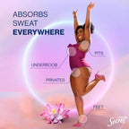 Woman in pink bodysuit highlighting sweat-absorbing zones: pits, underboob, privates, feet — for all-day freshness.
