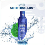 Oral-B Mouth Sore Oral Rinse with soothing mint, hydrogen peroxide formula, fresh mint leaves and water splash