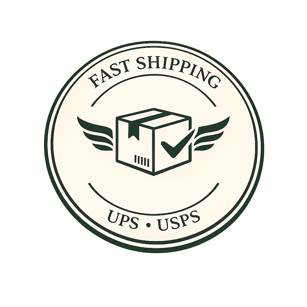 Fast shipping badge with wings and checkmark, UPS USPS delivery icon